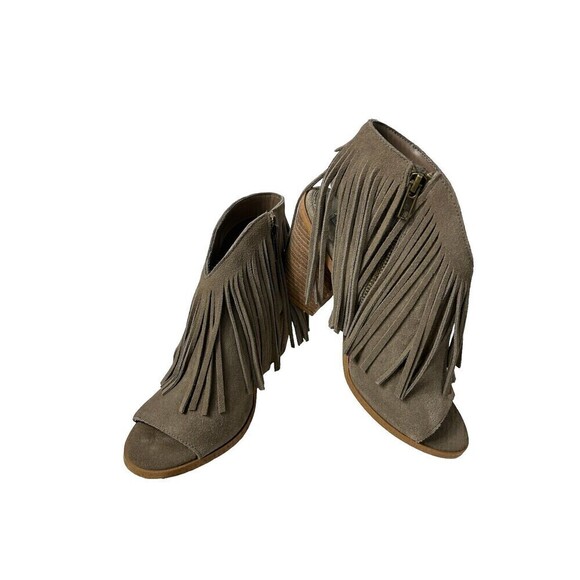 Steve Madden Women 7M Taupe Boot Suede Leather Zip Open Toe Fringe Heeled Bootie - Picture 1 of 12